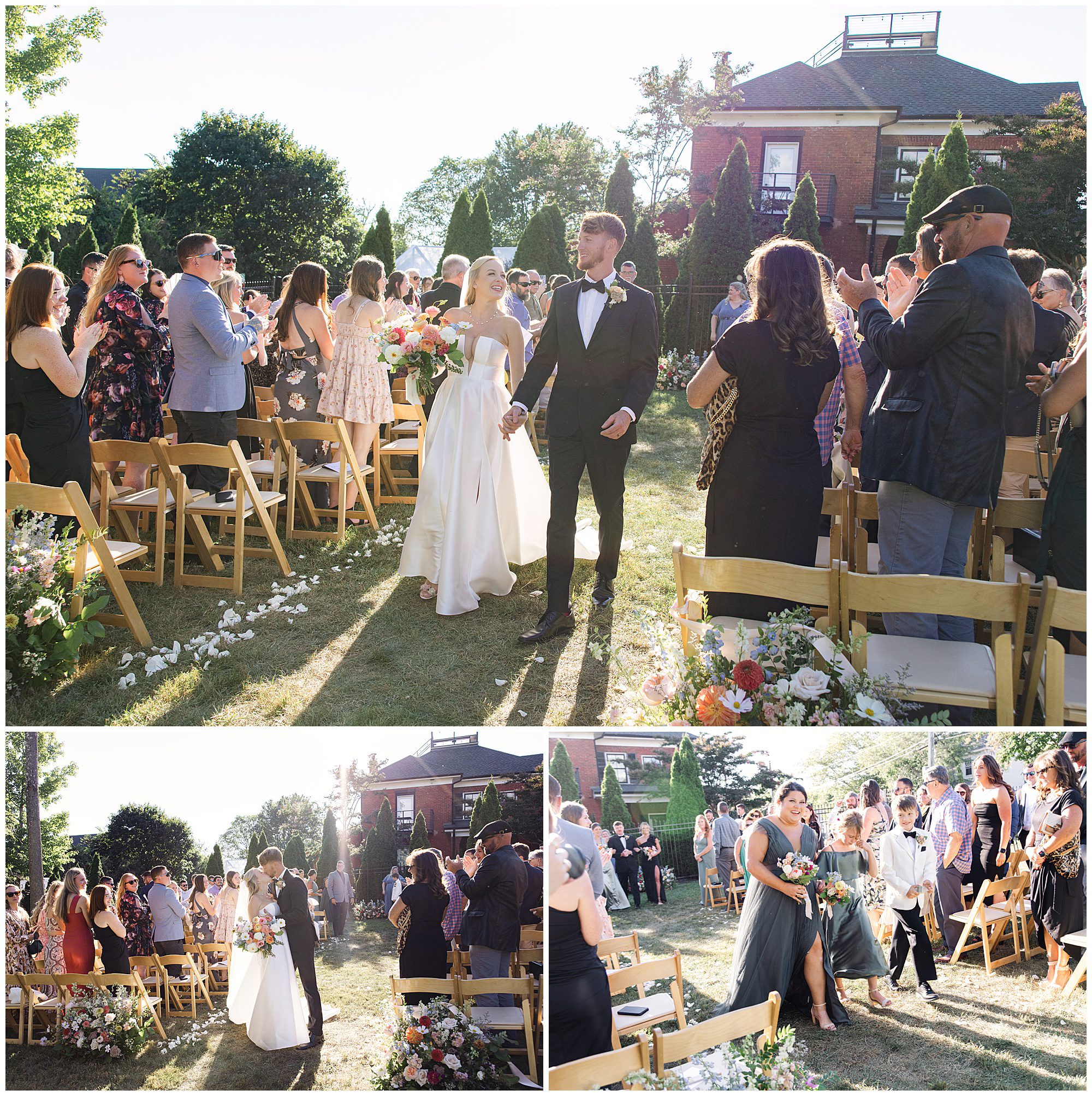 A newlywed couple walks down the outdoor wedding aisle while guests clap. The bride wears a white dress and the groom a black suit. Two bridesmaids follow them in subsequent frames.