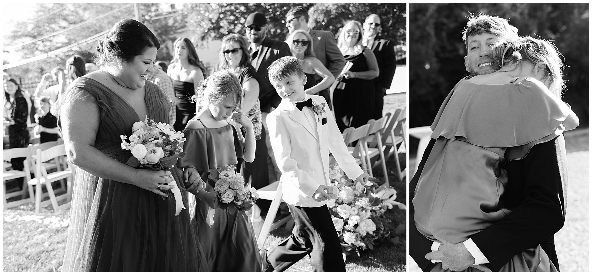 A bride's procession with children carrying flowers on the left, and a woman warmly embracing a boy on the right at an outdoor event.