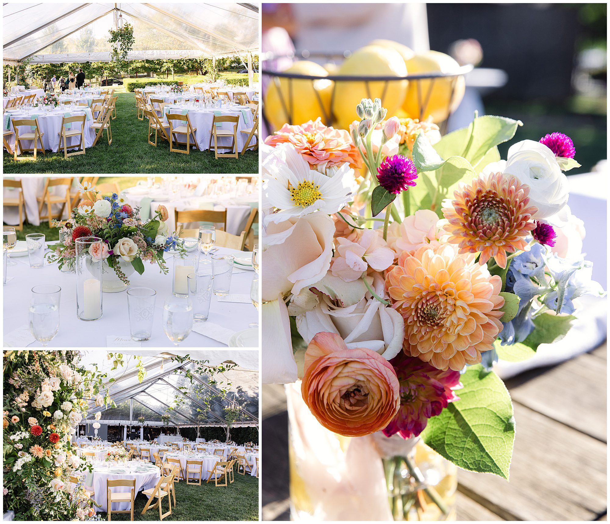 A collage of four images depicts a garden wedding reception. There are tables set with floral centerpieces and candles, and a close-up of colorful flowers in a vase.