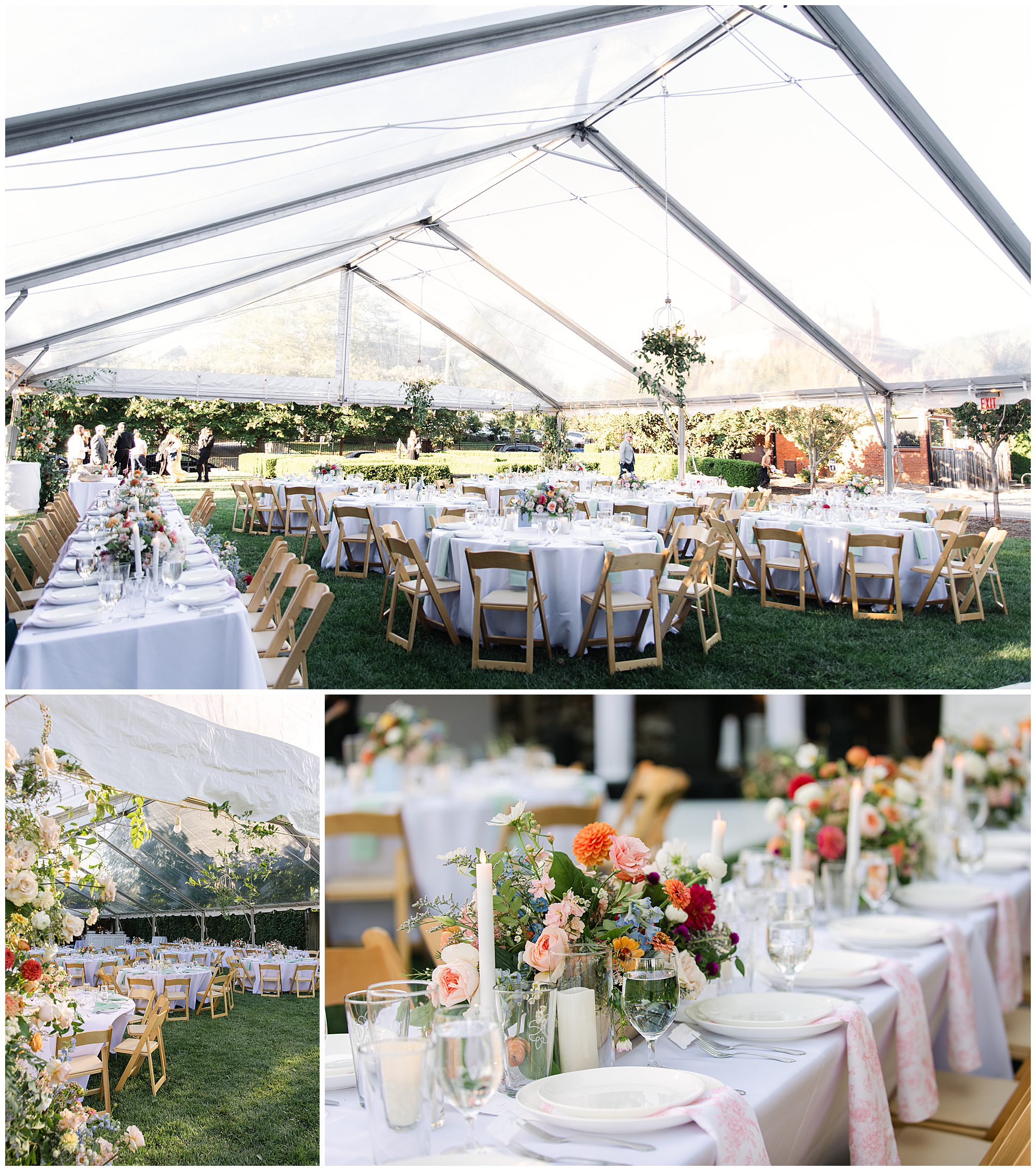 An outdoor wedding setup under a clear tent, featuring decorated tables with floral centerpieces and elegant table settings on green grass. Chairs surround the tables and guests are seen in the background.