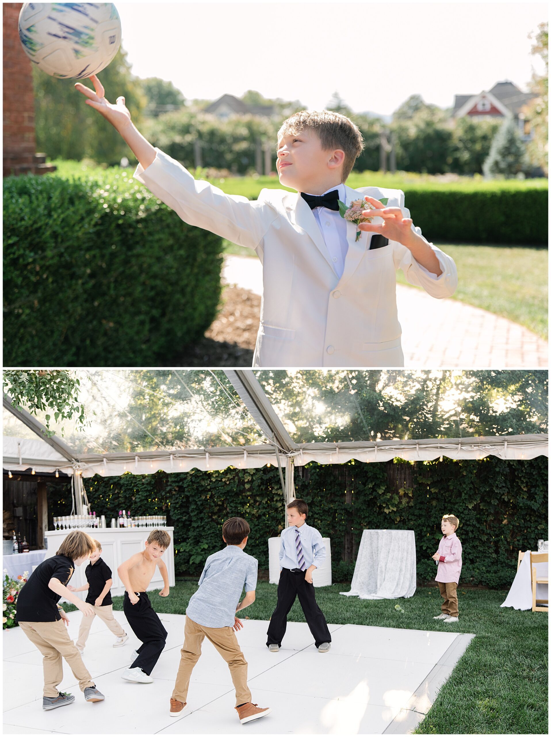 Top: A young boy in a white suit and bow tie reaches up to catch a ball. Bottom: A group of boys play on a dance floor under a clear tent in a garden setting.