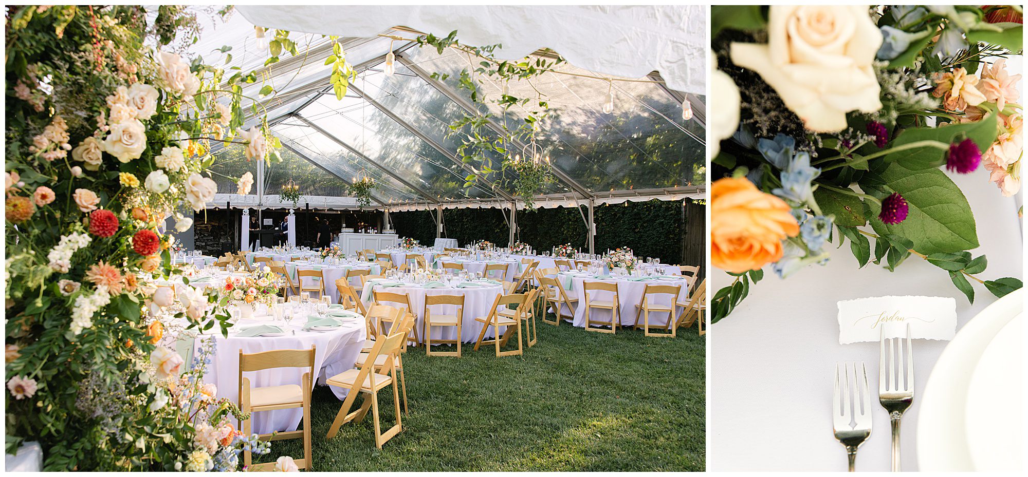 An outdoor wedding reception under a clear tent with round tables and flower arrangements. On the right, a close-up of a place setting with elegant floral decor.