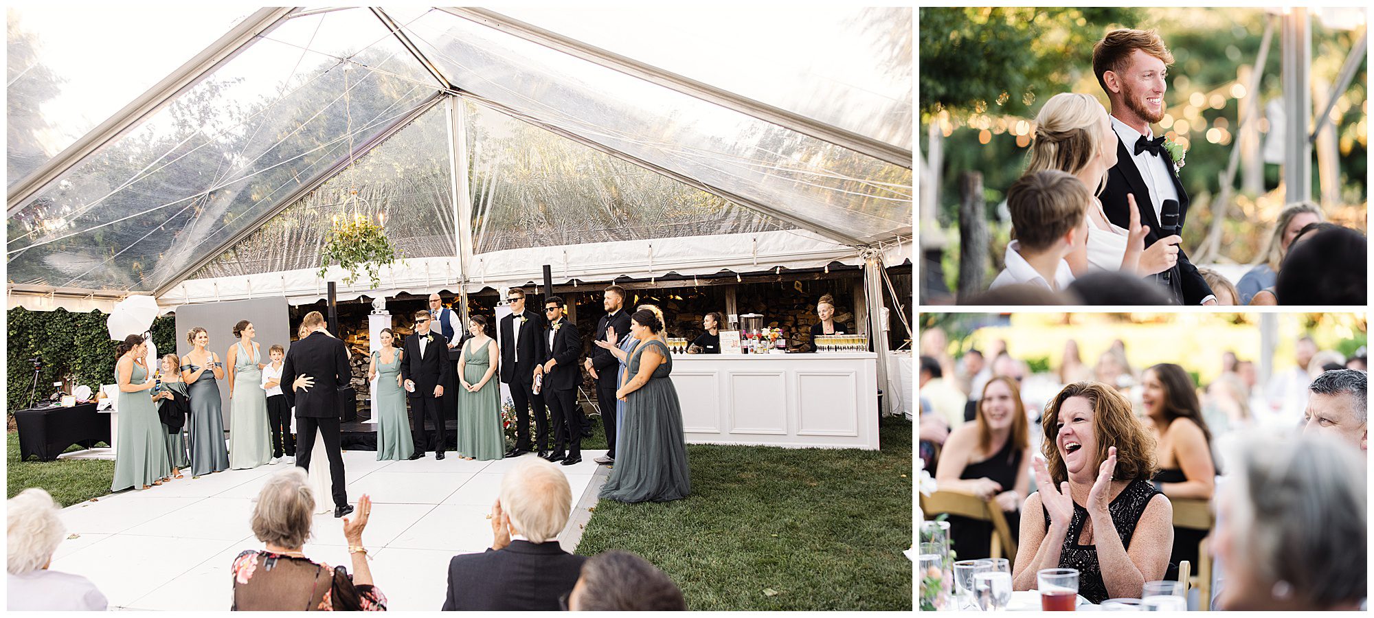 A wedding reception under a clear tent. A couple dances on the floor, while the wedding party stands in the background. Guests are seated, watching and celebrating, including a woman clapping joyfully.