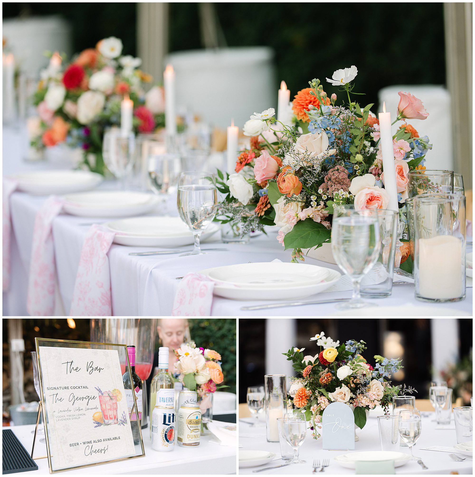 A wedding reception table set with floral centerpieces, candles, glassware, and menus. The bottom images show a bar sign and drink station with various beverage options and glassware.