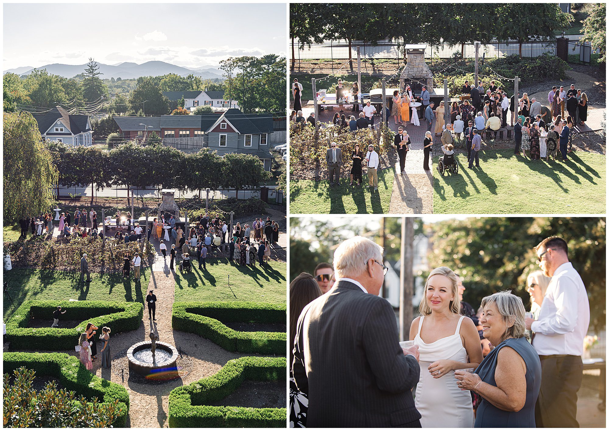 Aerial views and close-ups of a garden party with guests mingling, a stone fountain, and a hedge maze on a sunny day.