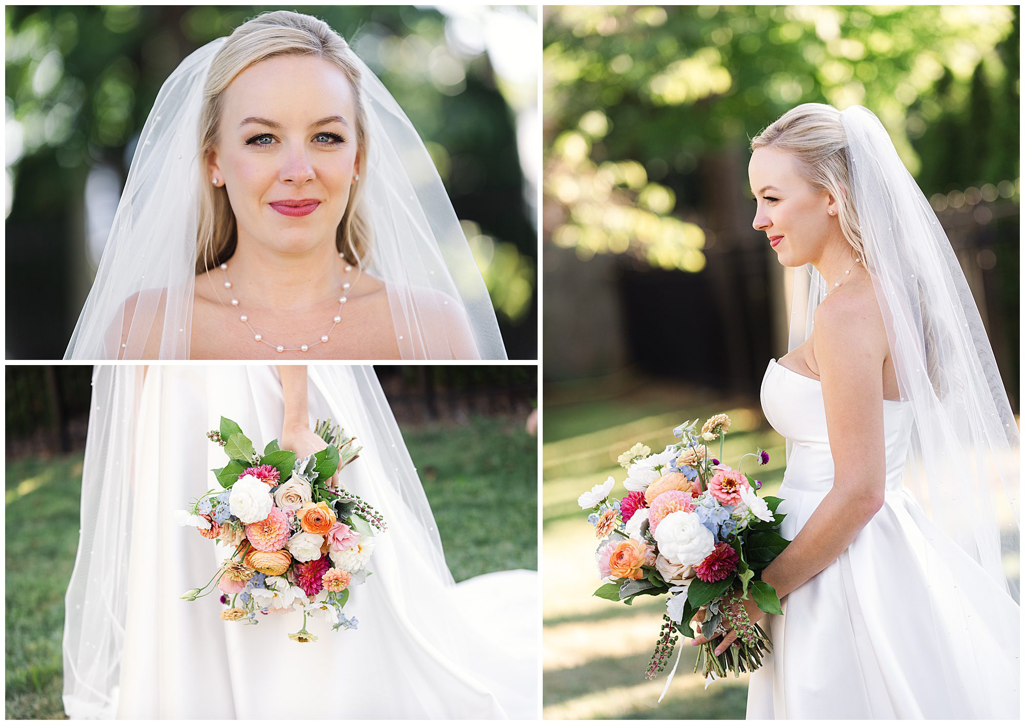 Collage of a bride in a white dress and veil, holding a colorful bouquet of flowers. The images show close-up and profile views.