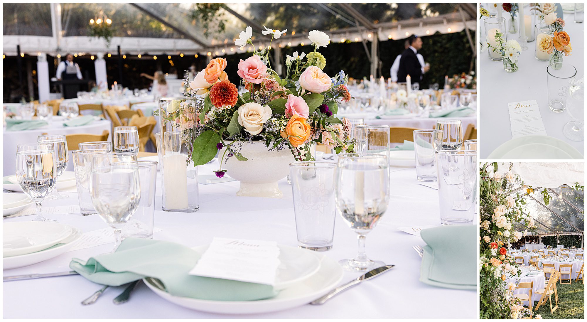 An outdoor event setup with tables adorned in white tablecloths, green napkins, floral centerpieces, and elegantly arranged glassware and cutlery. Place settings include menus.