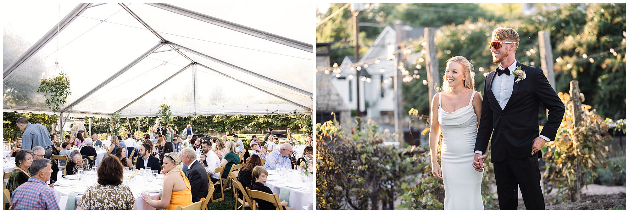 A couple in formal attire walks outside under string lights, while guests are seated at tables under a large clear tent at an outdoor event.