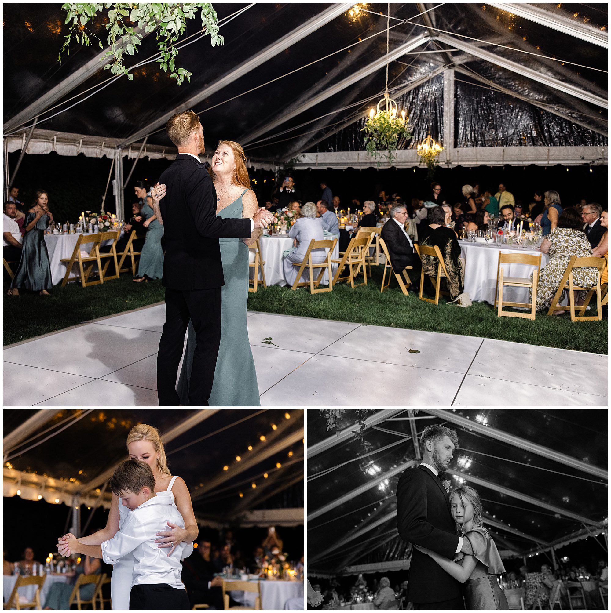 A couple and a child dance under a transparent canopy at a wedding reception. Tables with guests are seen in the background.