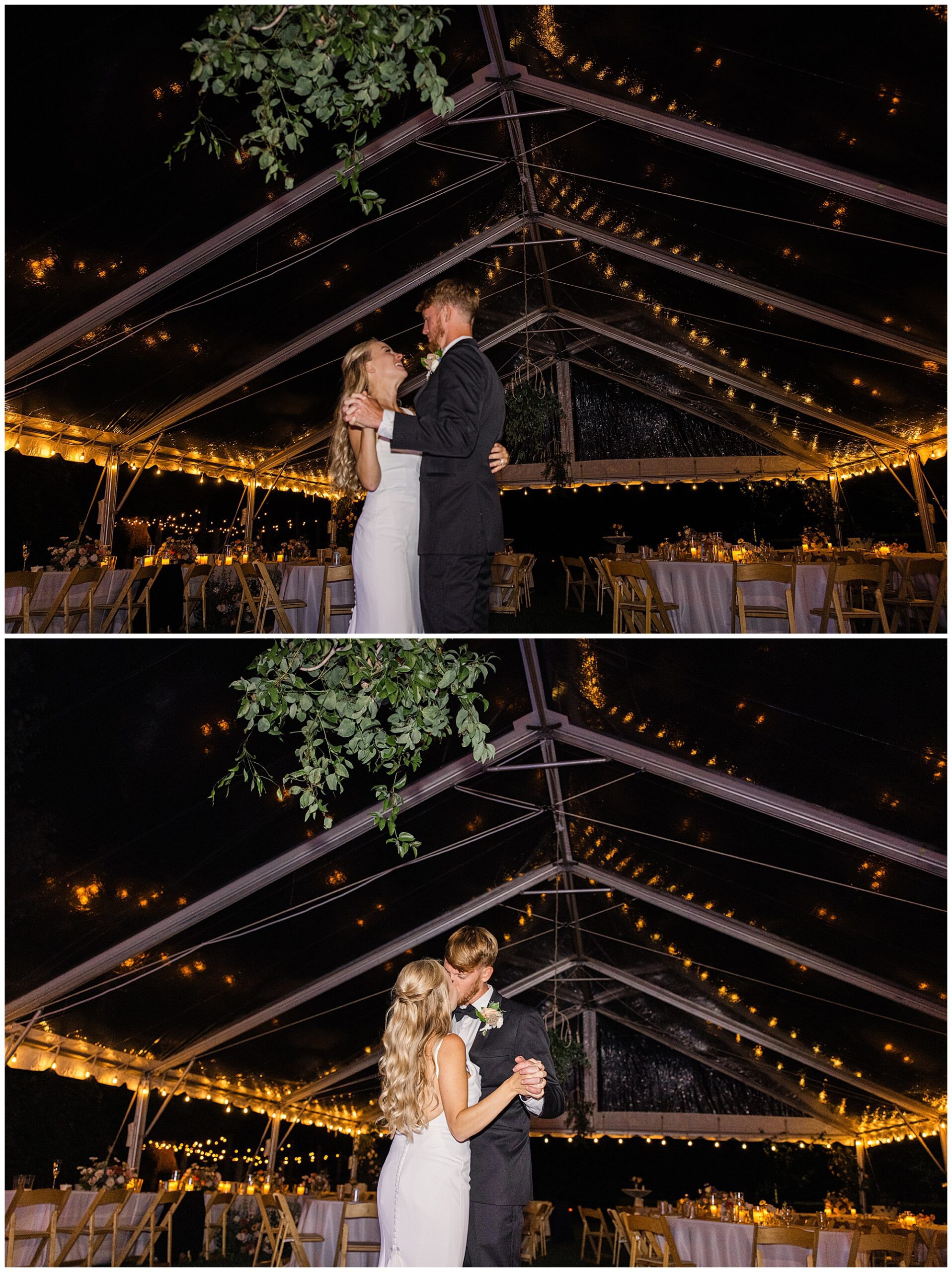 A couple is dancing under a clear, tented structure with string lights at night. The bride is wearing a white dress, and the groom is in a black suit. The venue is decorated for a celebration.