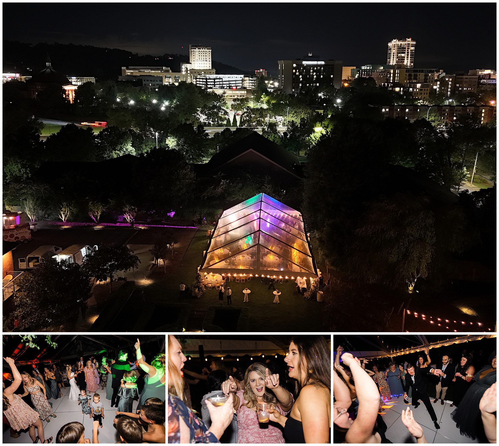 A nighttime cityscape features a lit pavilion with a party inside. Below, close-up shots show attendees dancing, holding drinks, and socializing.