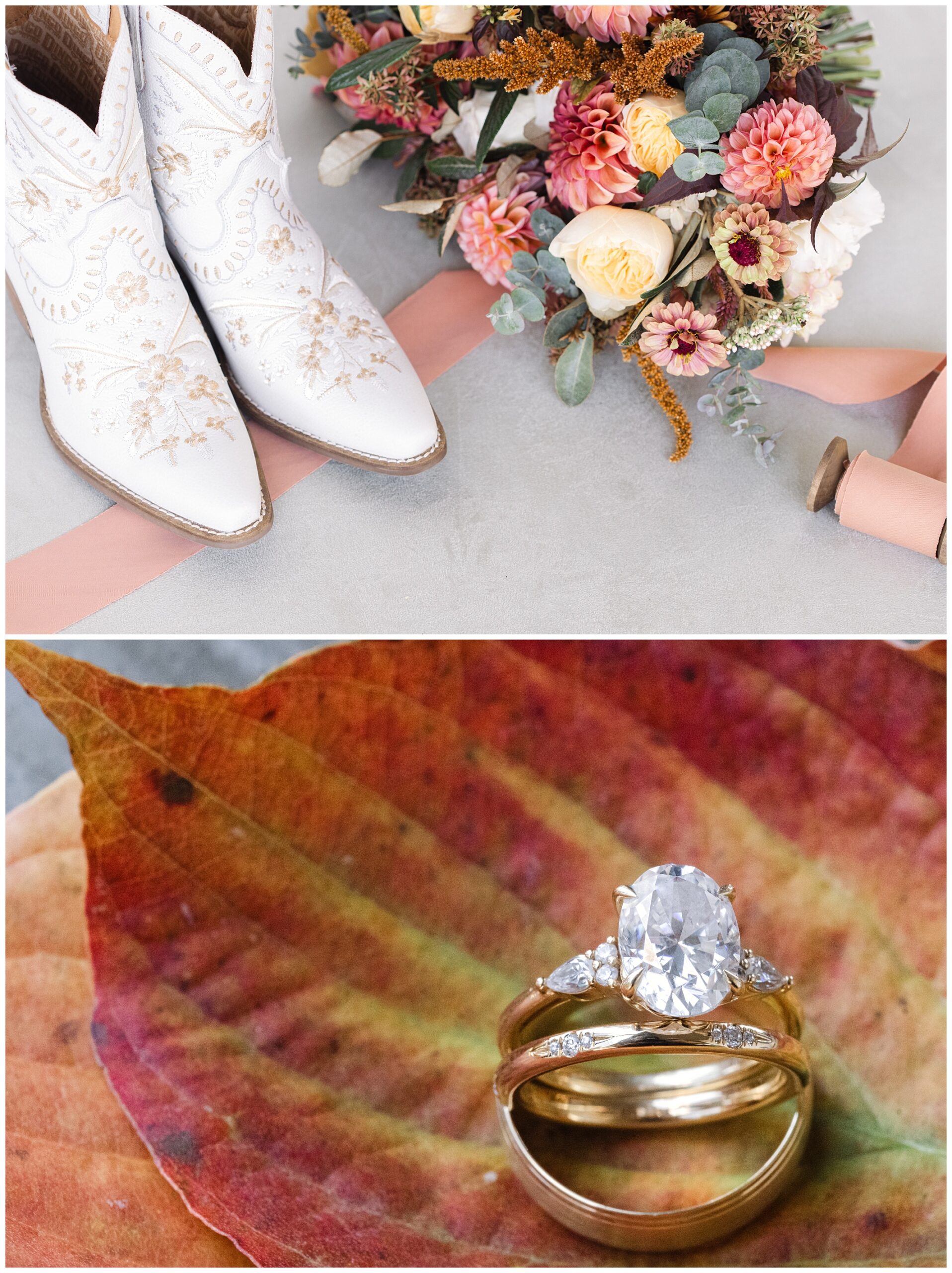 White embroidered cowboy boots and a colorful floral bouquet are at the top; at the bottom, a diamond ring and two gold bands rest on a vibrant autumn leaf.