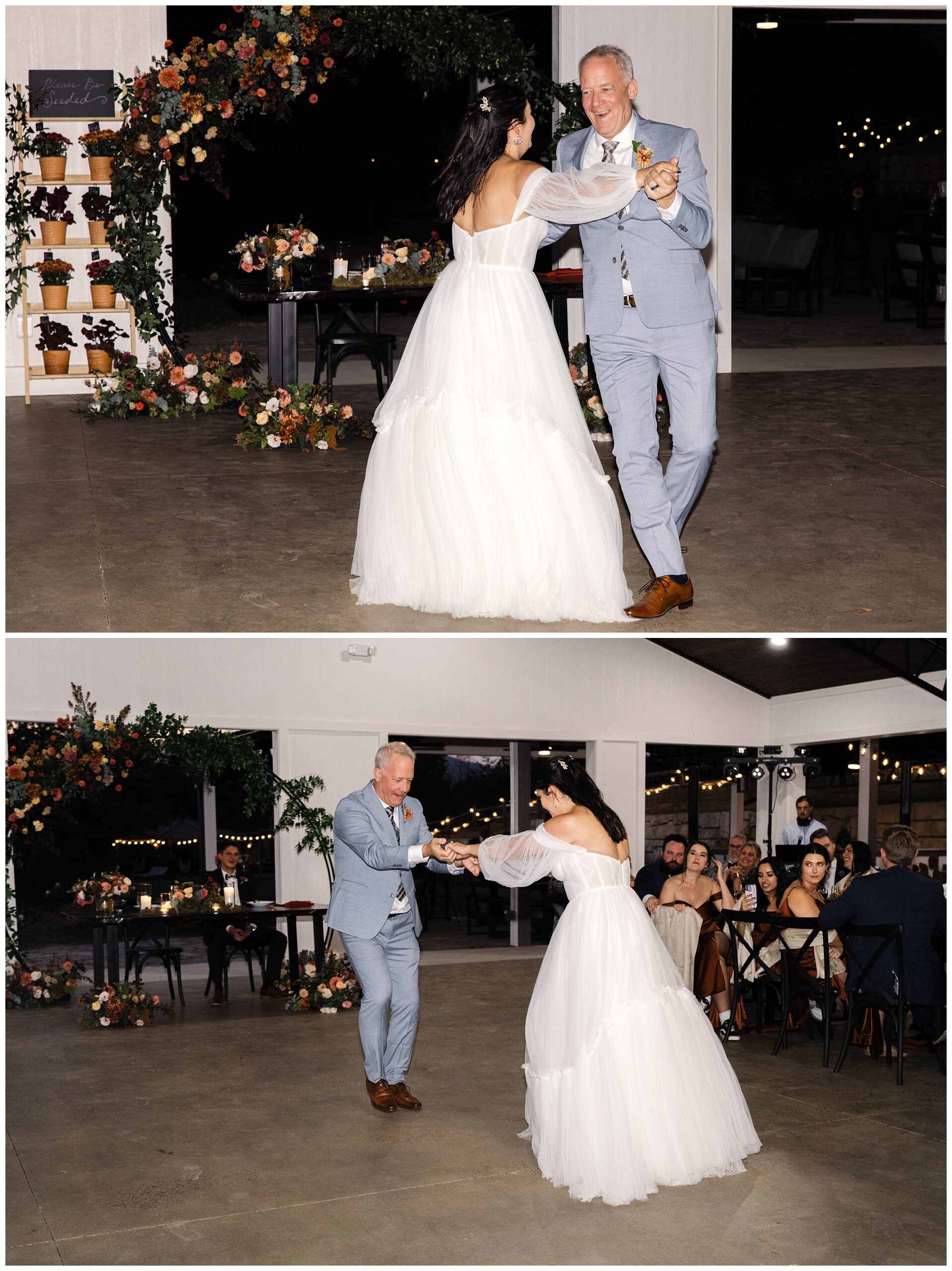 A bride in a white dress dances with a man in a blue suit on a decorated patio.