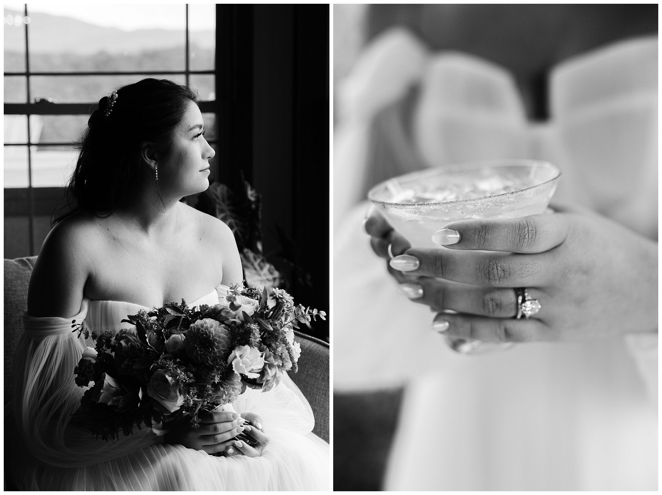 A woman in a wedding dress holds a bouquet while seated. Close-up of her hands shows a ring and a cocktail. Black and white.