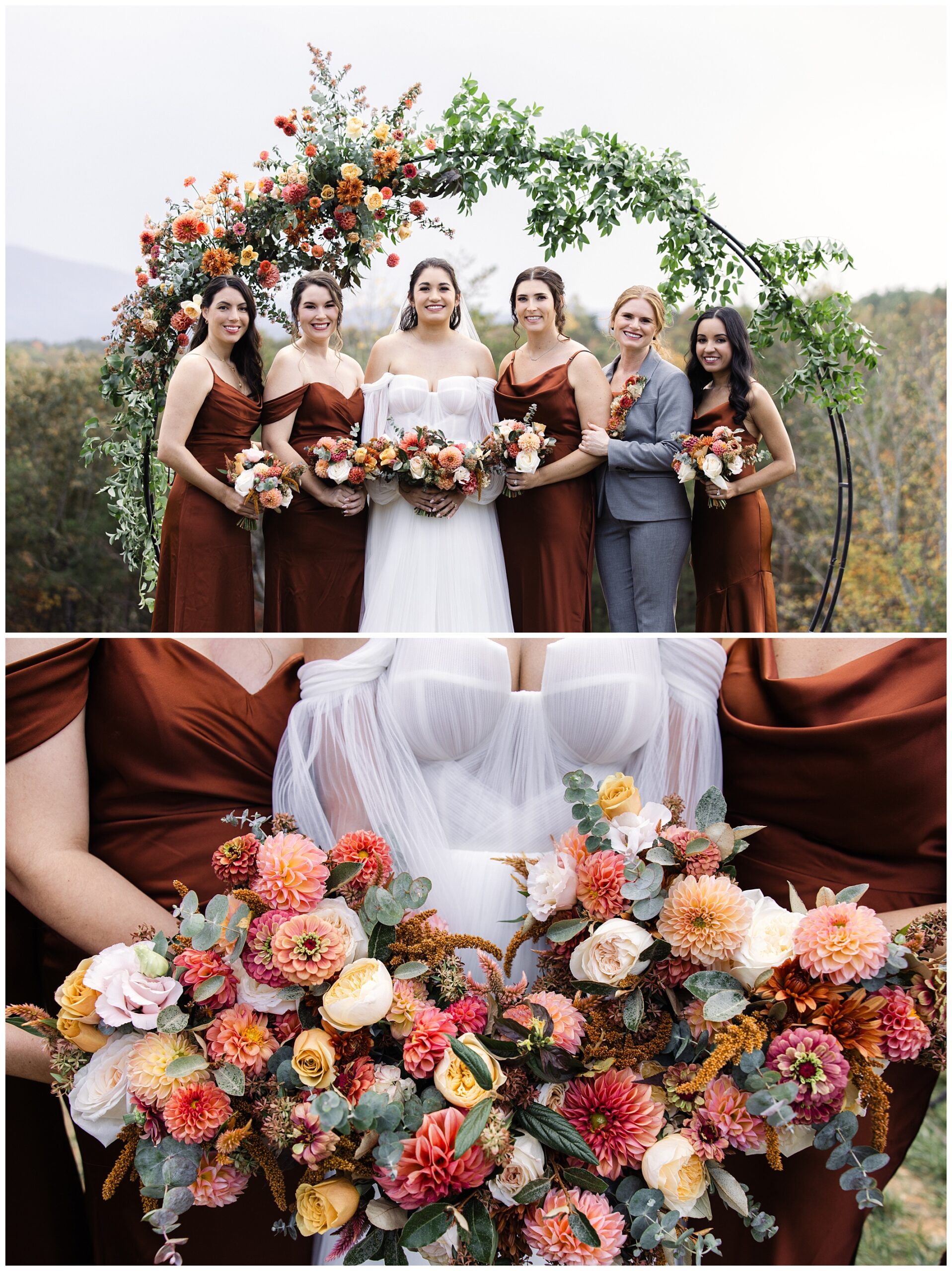 A bride and five attendants in matching rust dresses and a gray suit stand under a floral arch. They hold colorful bouquets featuring flowers in shades of orange, pink, and yellow.