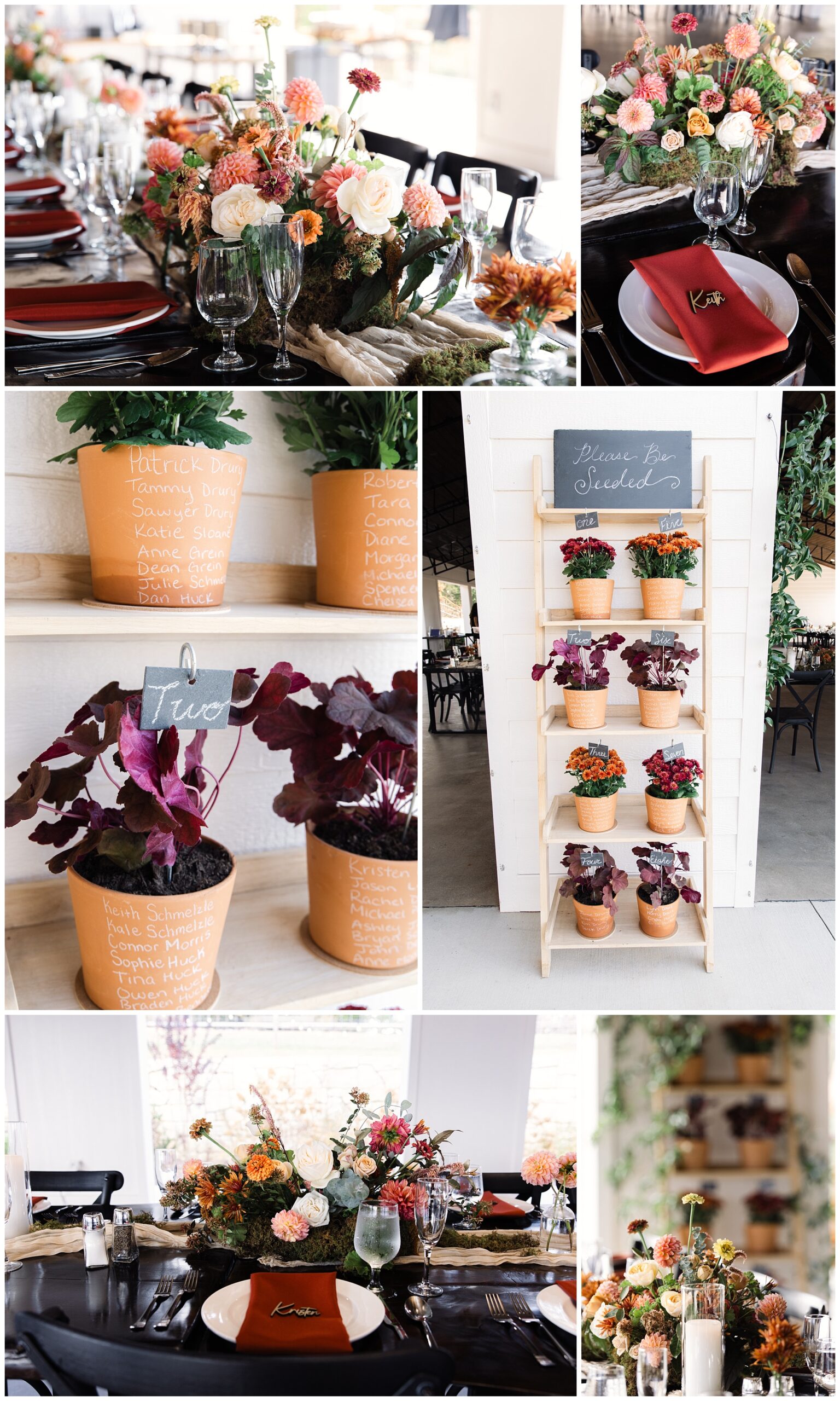 A decorated table with floral arrangements and place settings. Potted plants are labeled with names on shelves. A chalkboard sign reads "Please Be Seated.