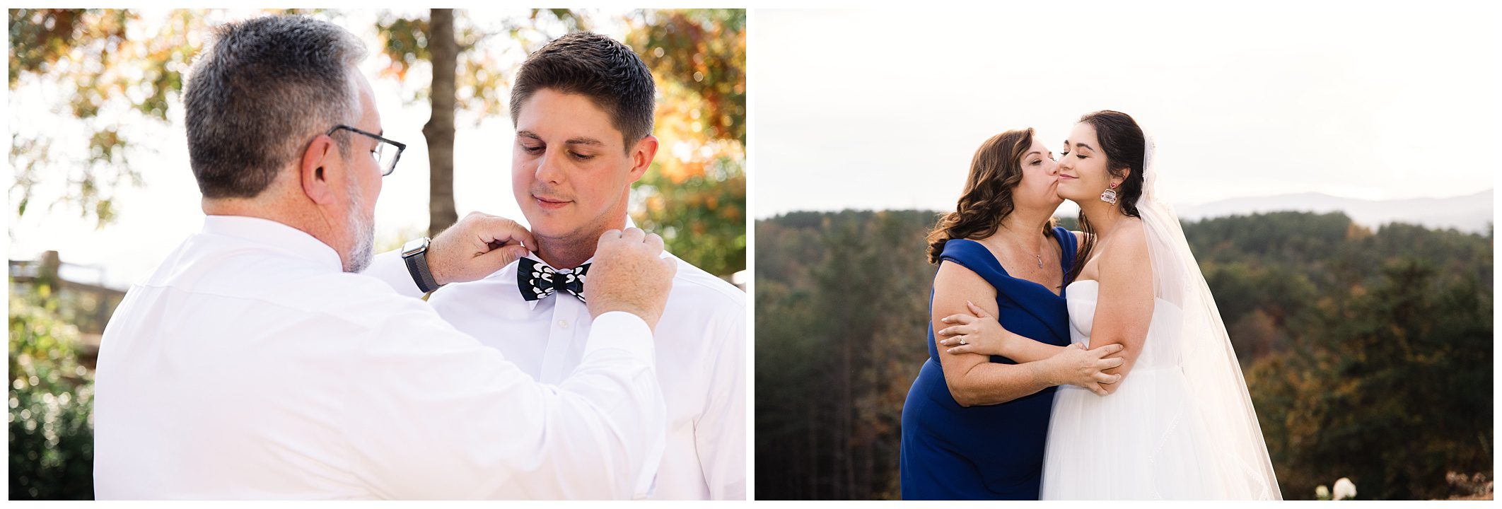 Left: Man helps another adjust a bow tie outdoors. Right: Bride hugs a woman in a blue dress against a scenic backdrop.