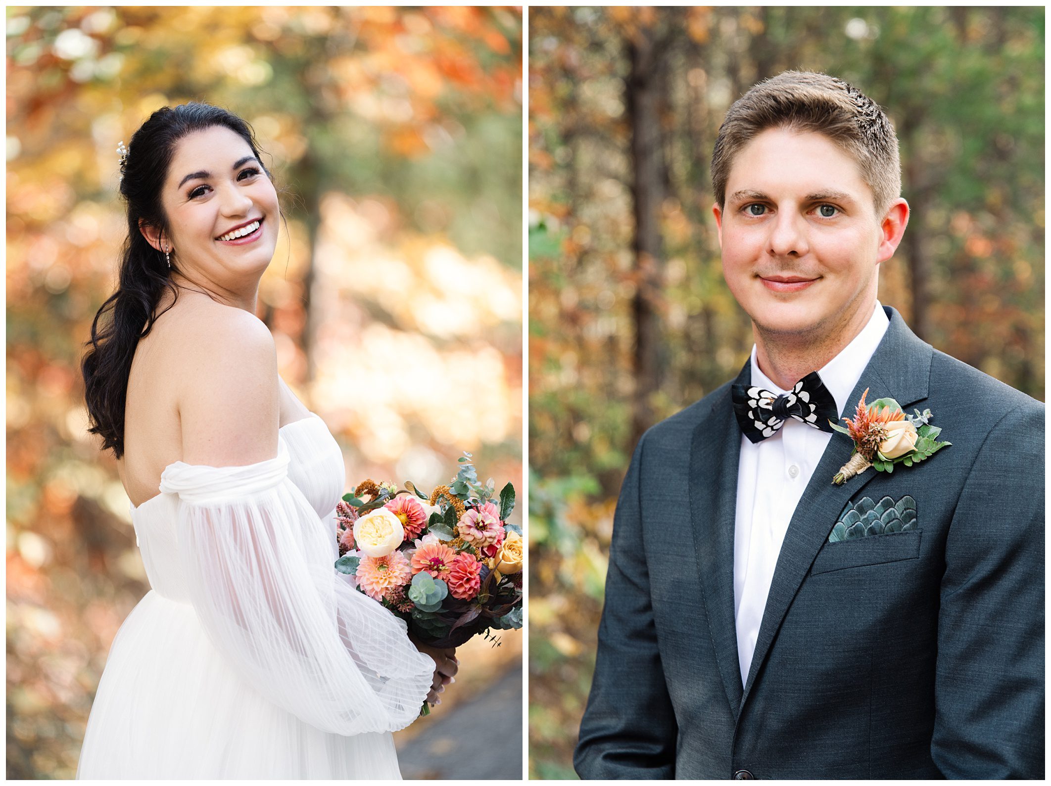 A bride in a white dress holds a bouquet, and a groom in a suit with a bow tie stands outdoors, both smiling, with a forested backdrop in autumn colors.