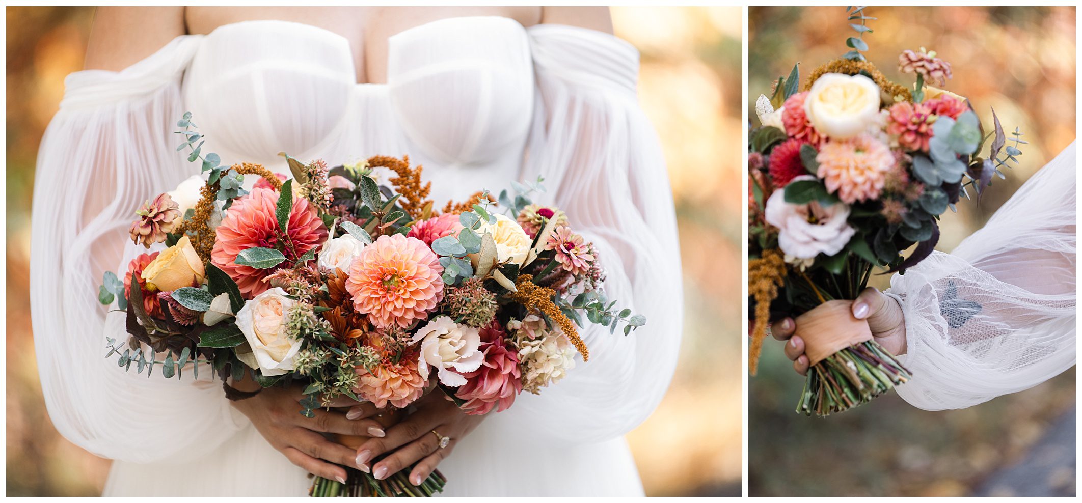 A bride holds a colorful bouquet with roses, dahlias, and eucalyptus, while wearing a white dress with sheer, puffed sleeves.