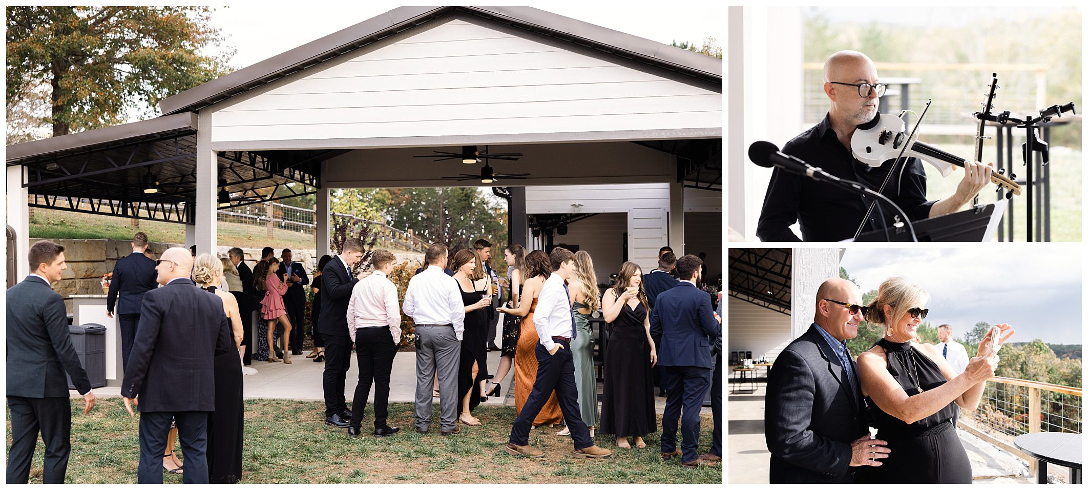 Guests gather outside a pavilion for a social event; a musician plays a violin.