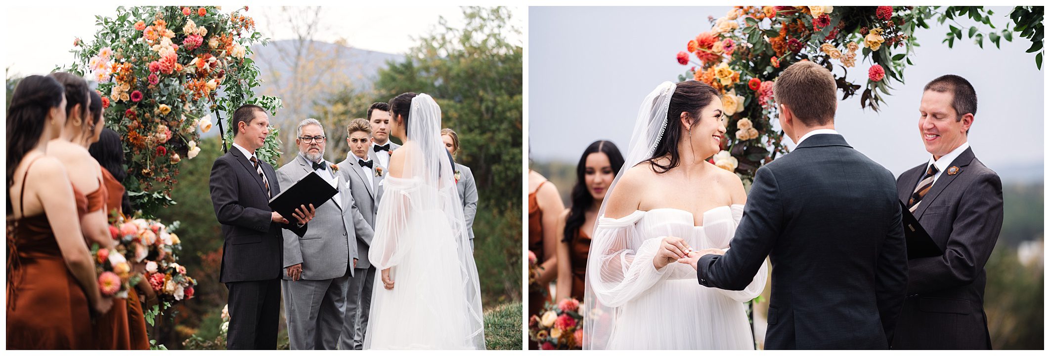 A wedding ceremony with a couple exchanging vows, accompanied by bridesmaids and groomsmen. The scene includes floral arrangements and guests observing the event.