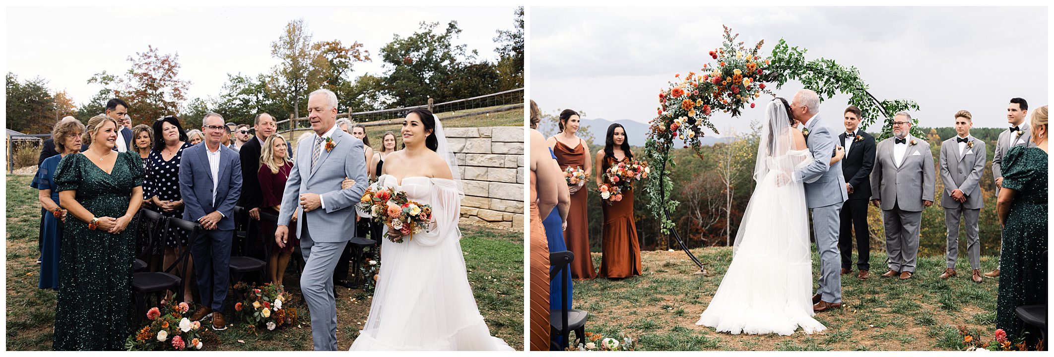 A bride walks with a man down an outdoor aisle, surrounded by standing guests. Another image shows the bride and groom under a floral arch with a wedding party and guests.