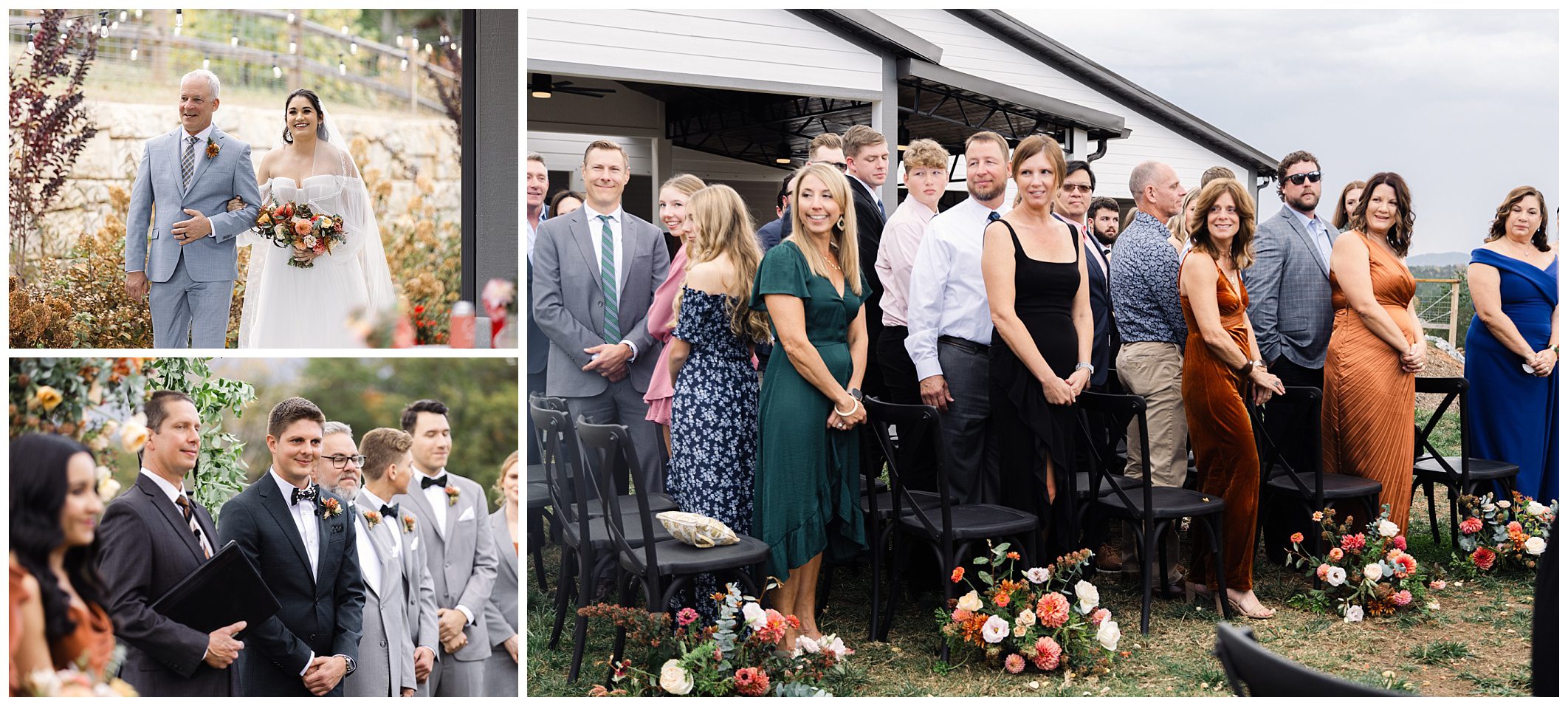 Collage of a wedding ceremony: a bride and groom walking, a groom with attendants, and guests standing and watching. Floral arrangements decorate the aisle.