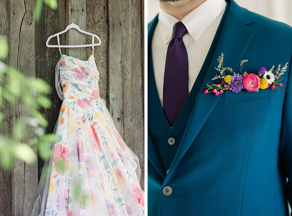 Left: A sleeveless floral wedding dress on a hanger against wood. Right: A groom in a teal suit with a purple tie and colorful boutonniere, perfect for a vibrant Spring Garden Wedding in Asheville NC.