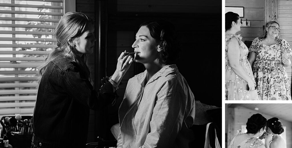A woman has her makeup done while seated indoors; two smaller images show women smiling and talking together in a well-lit room, capturing the joyful preparations for a Spring Garden Wedding in Asheville NC.