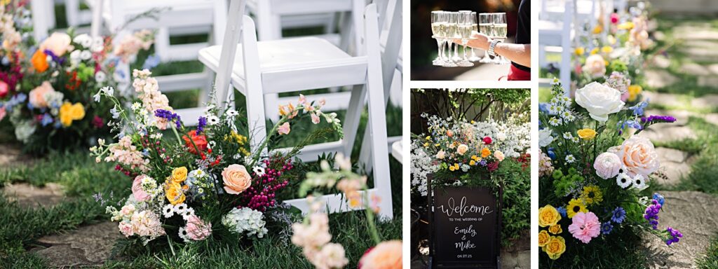 Rows of white chairs with colorful flower arrangements set the scene for a Spring garden wedding in Asheville NC, featuring a welcome sign, champagne toasts, and close-up shots of vibrant floral decorations outdoors.