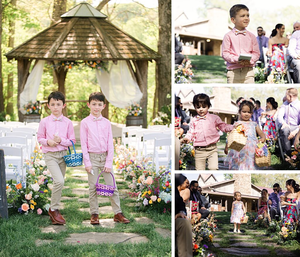 Children walk down the aisle at a Spring Garden Wedding, holding baskets and surrounded by guests and colorful flower arrangements under a charming gazebo—an idyllic scene perfect for a Farm Wedding in Asheville NC.