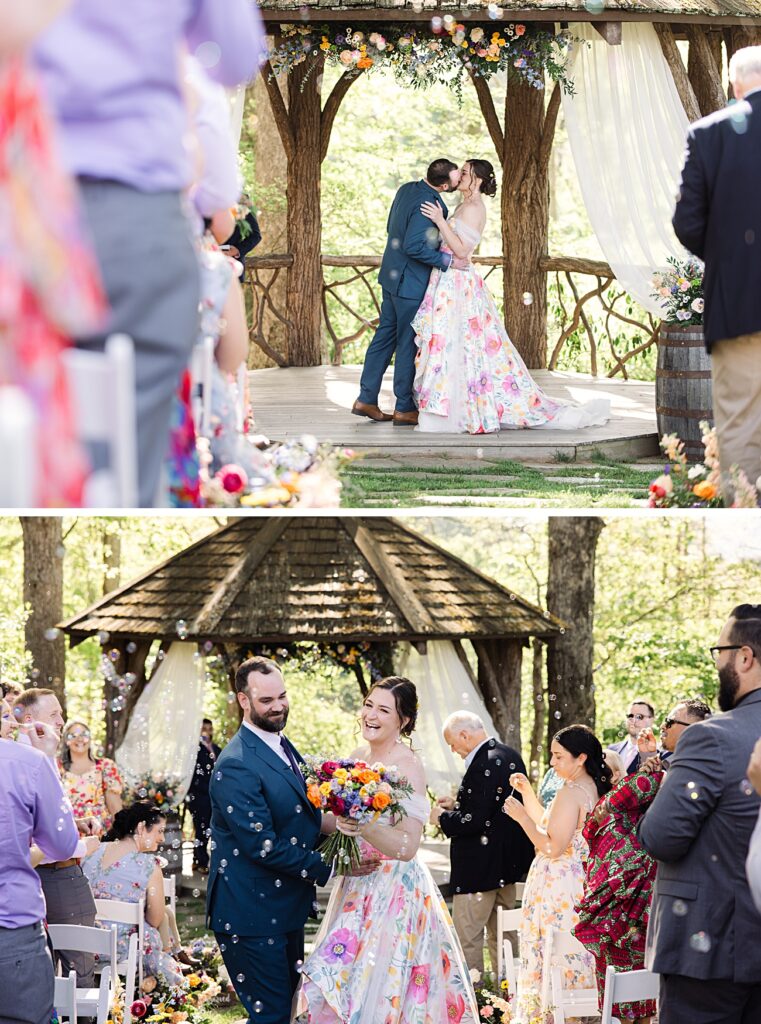 A couple shares a kiss at their Spring Garden Wedding in Asheville, NC, then walks down the aisle together, surrounded by guests and bubbles.