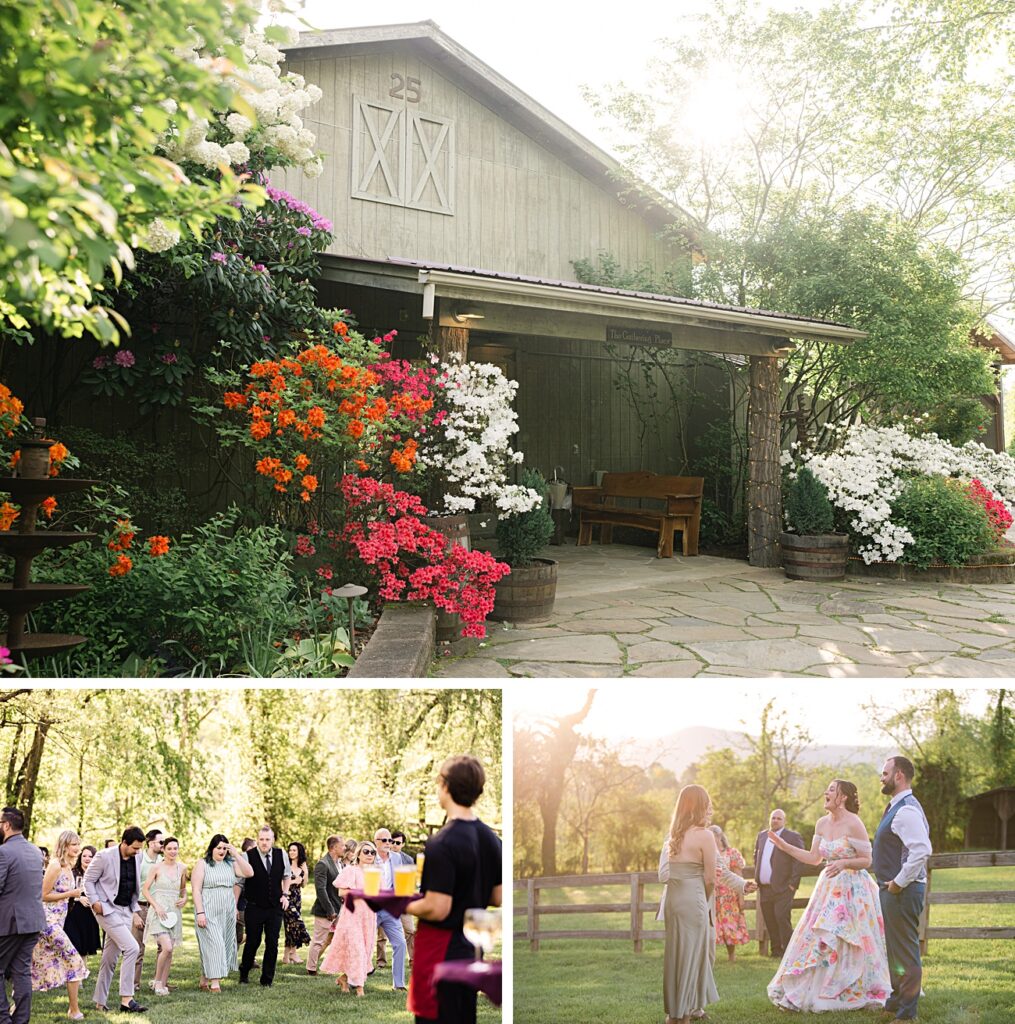 A barn with blooming flowers outside sets the scene for a charming Spring Garden Wedding; below, groups of people in formal attire socialize and dance outdoors on a sunny day.