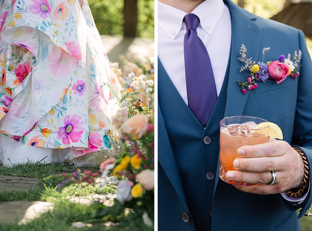 Close-up of a person in a floral dress standing among flowers, and a person in a blue suit holding a cocktail with a boutonniere—capturing the vibrant style of a Spring Garden Wedding in Asheville, NC.
