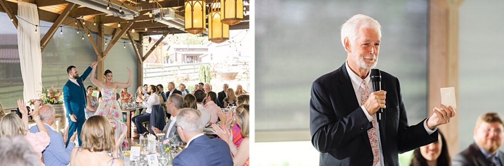 Left: A couple enters a Spring Garden Wedding reception in Asheville NC as guests applaud. Right: An older man speaks into a microphone and holds a small card, addressing the audience.