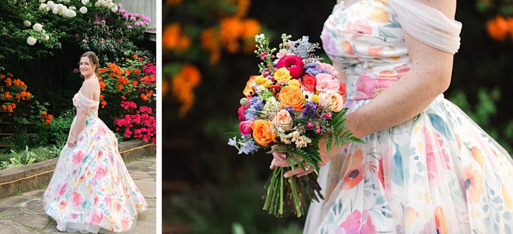 A woman in a floral dress stands in a garden, holding a colorful bouquet of flowers. Perfect for a Spring Garden Wedding in Asheville NC, her dress features a pastel floral print.