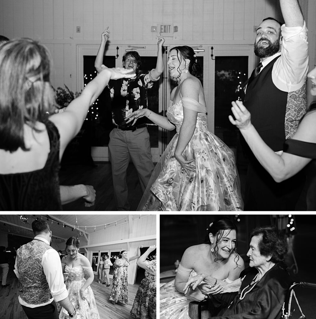 A bride and guests dance and celebrate at a joyful Asheville NC farm wedding; in another scene, the bride smiles and holds hands with an elderly woman.