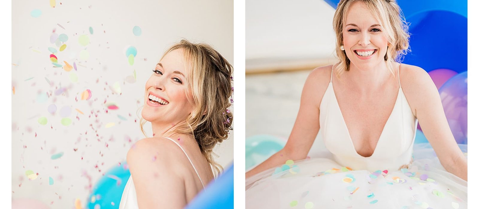 Bride in wedding dress laughing surrounded by many multi colored balloons