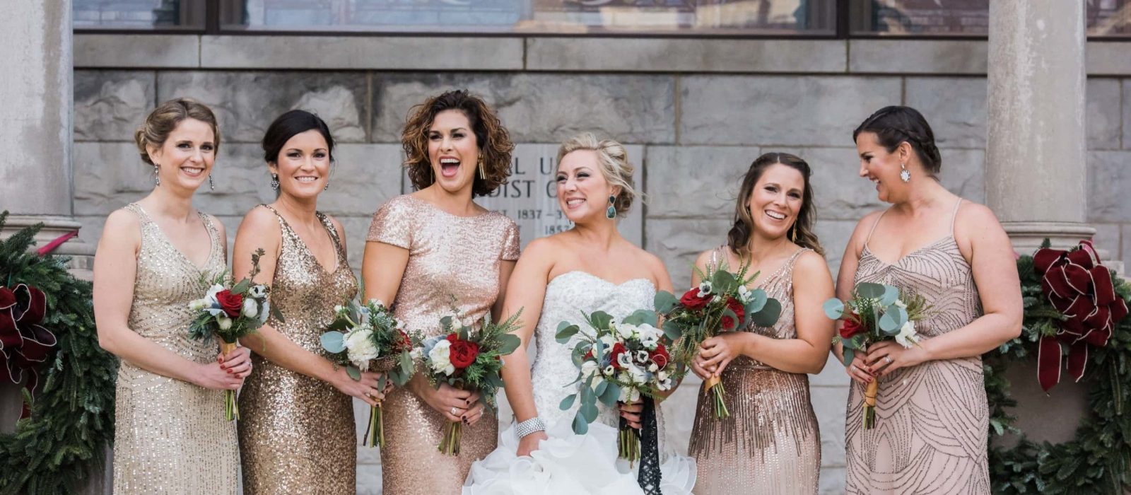 Bridesmaids gold dresses, Bridal party downtown Asheville, Mismatched gold bridesmaid dresses, Asheville Wedding Photographer