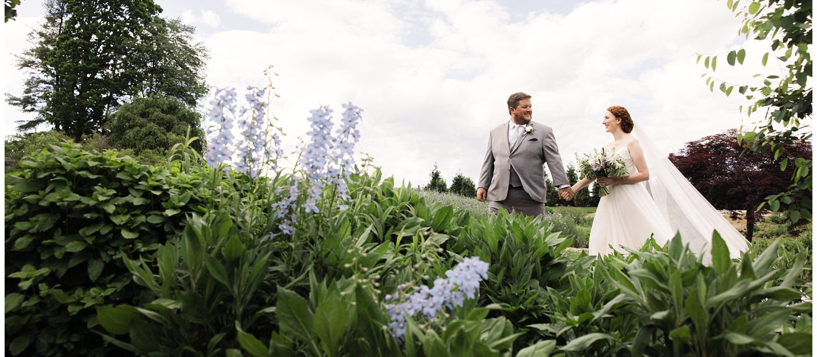 A bride and groom walk hand-in-hand through a lush garden with tall green plants and blue flowers under a partly cloudy sky.